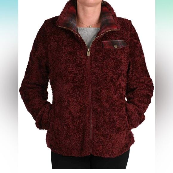 Pendleton Zip Up Burgundy Boucle teddy Fleece Jacket With Plaid Pocket Size L - Picture 1 of 10